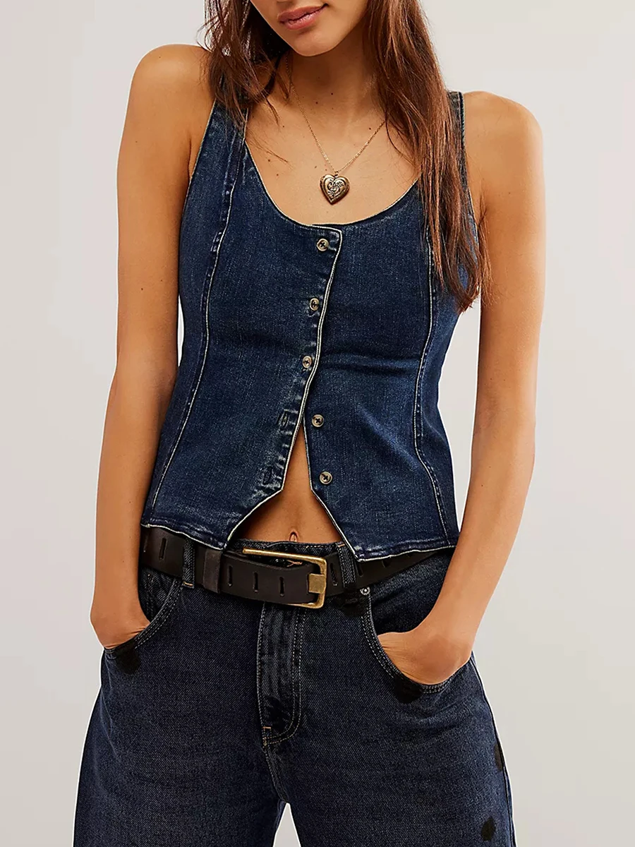 

Women Denim Button Down Vest Vintage Deep V Neck Front Tie-Up Jean Waistcoat Jacket Cropped Tank Tops Y2K Streetwear