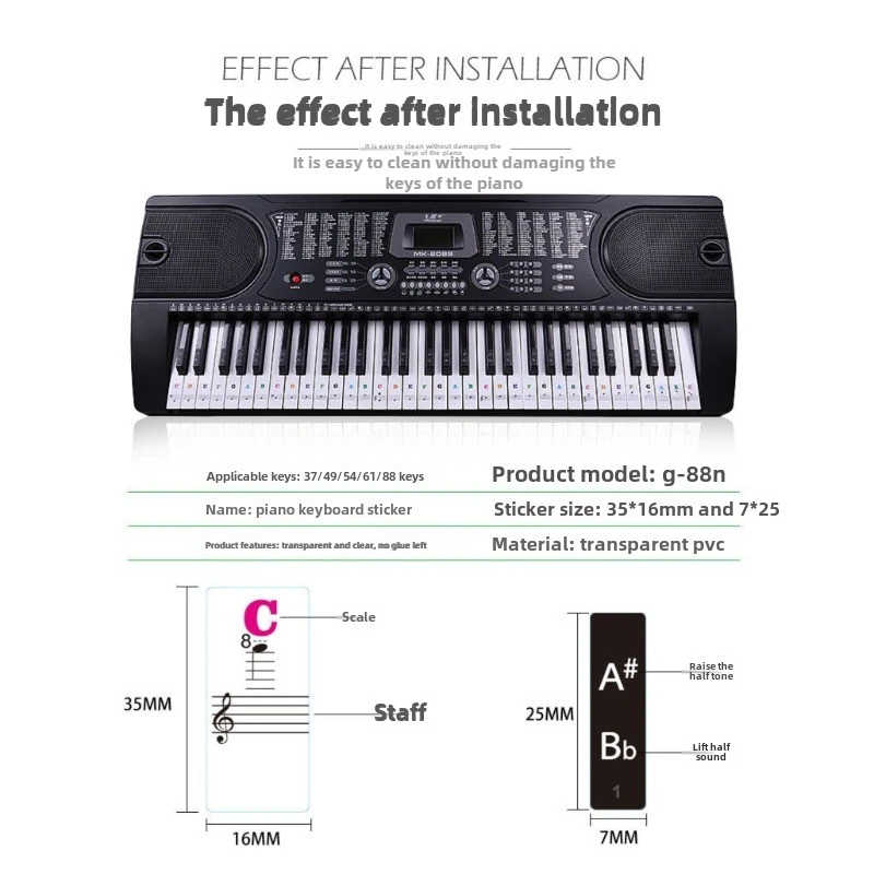 ملصقات تدريب البيانو لـ 37/49/54/61/88 مفاتيح شفافة PVC مفتاح البيانو ملصق ملاحظة لوحة المفاتيح القابلة للإزالة اللوازم الموسيقية