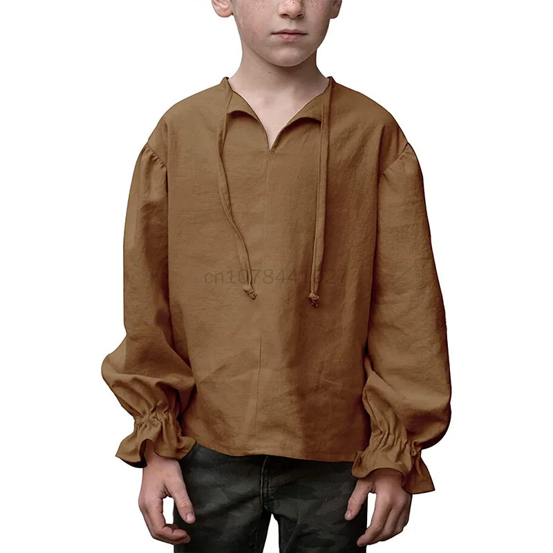 Child Renaissance Costume Ruffled Long Sleeve Lace Up Medieval Steampunk Pirate Shirt Cosplay Prince Drama Stage Tops For Kid