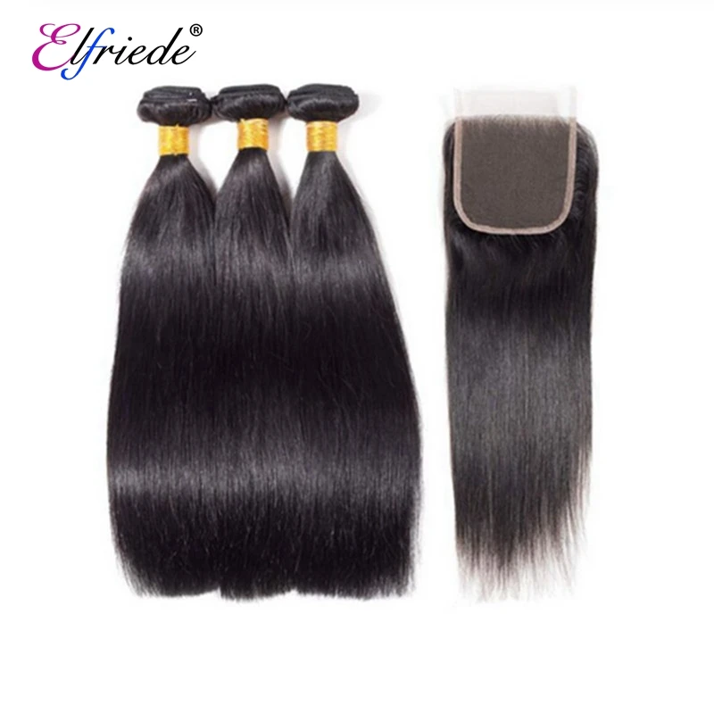 Elfriede Natural Black Straight Bundles with Closure Brazilian Remy Human Hair Weave 3 Bundles with 4X4 Transparent Lace Closure