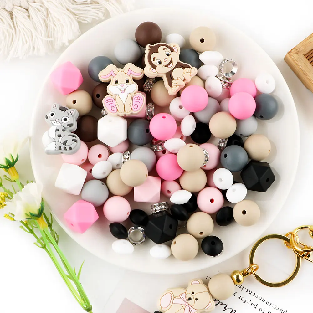 Silicone Focal Beads Cartoon Animals Round Lentil Loose Beads Set For Jewelry Making DIY Keychain Bracelet Necklace Accessories
