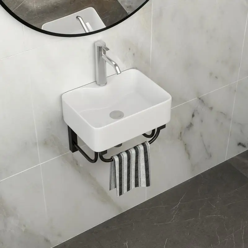 حوض سيراميك مستطيل مثبت على الحائط مقاس 16 × 12 بوصة مع شريط منشفة أسود وفتحة صنبور للحمام #3