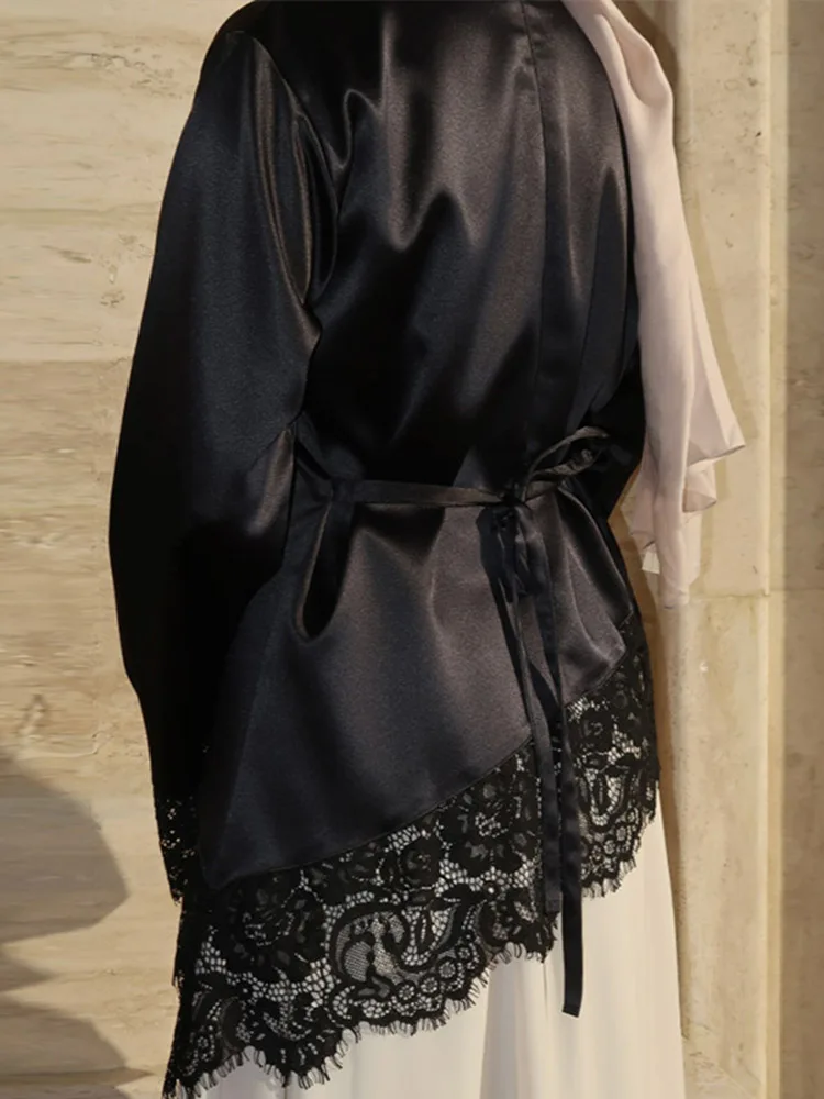 Women's Elegant Satin T-Shirt Top Lace Trim Long Sleeve Tops Self-Tie Waist Modest Blouse Casual Daily 2026 Spring Summer Wear