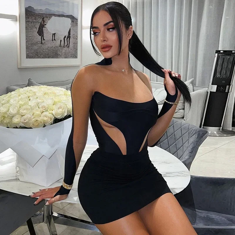 

Women Fashion Long Sleeve Patchwork Mesh See Through Sexy Bodycon Mini Dress 2023 Winter Evening Party Club Y2K Clothes