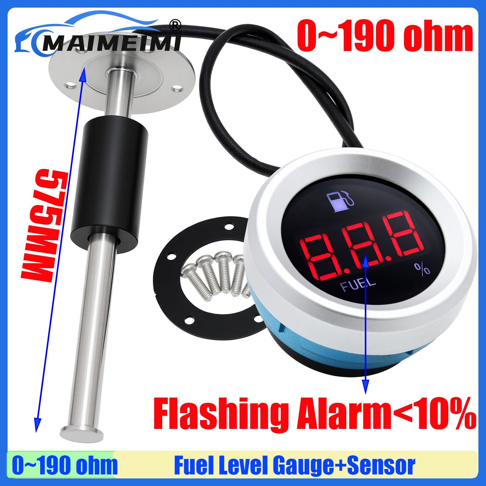 MAIMEIMI RED Light Digital Fuel Level Gauge with Alarm Auto Car 0-190ohm Fuel Level Sensor Oil Tank Float Level Sensor 100-600MM