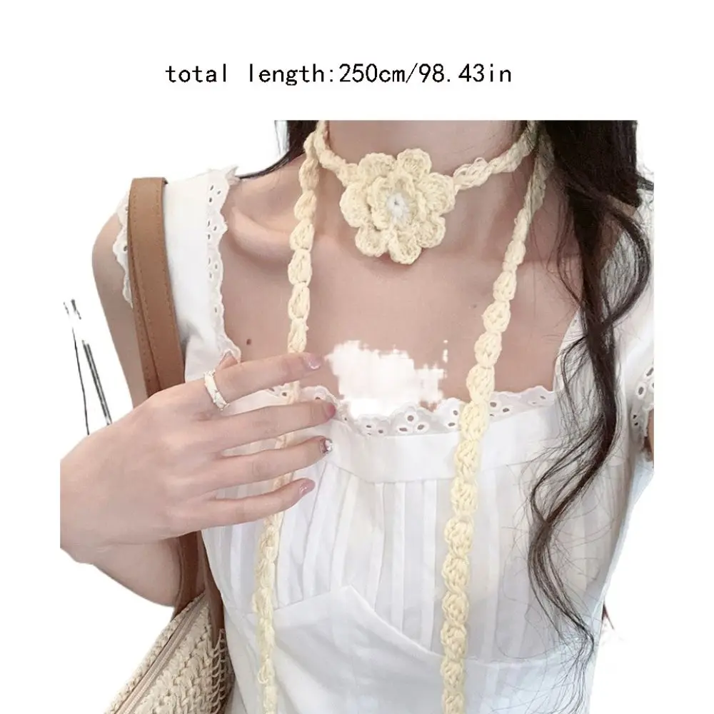 Estilo coreano flor de malha cachecol fino crochê rosa flor xale vestir decoração elegante longo estreito cachecóis picante menina