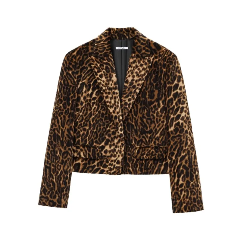 TRAF Women Leopard Short Blazers For Autumn Pocket Decoration Simple Zipper Style Short Long Sleeved Jacket Female Blazers