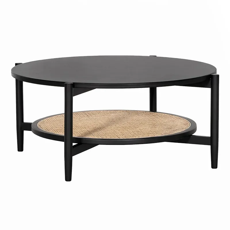 Japanese-style coffee table living room household solid wood rattan ins Changhong glass double-layer round simple modern