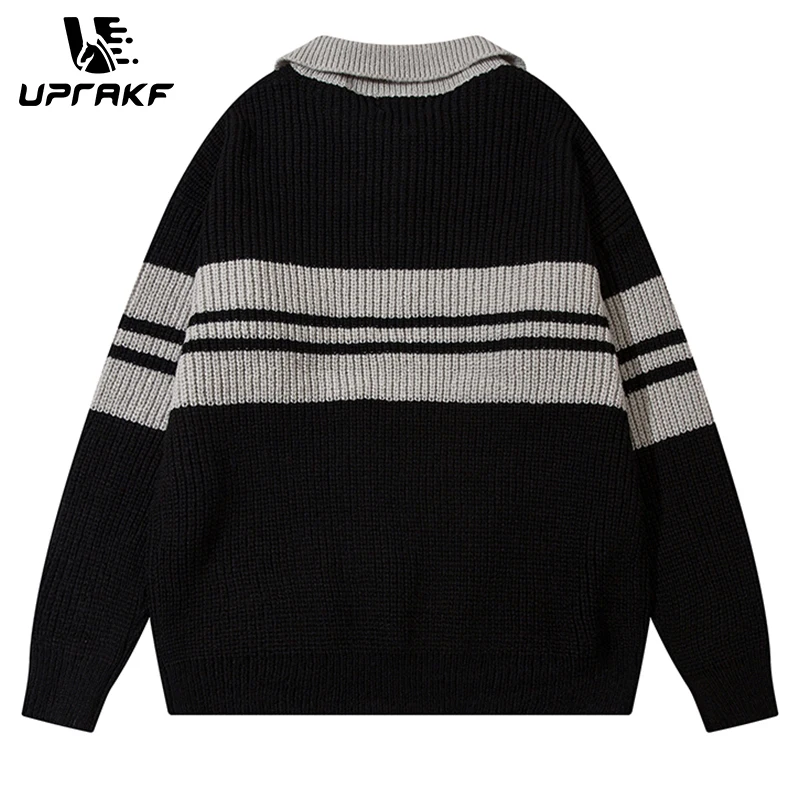 UPRAKF Retro Contrast Color Sweater Lapel Knit Men and Women Autumn Loose All-Match Pullover