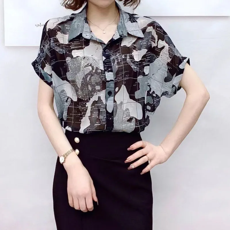 Vintage Printed Fashion Single-breasted Blouse Female Clothing Drawstring Bow Turn-down Collar Summer Short Sleeve Spliced Shirt