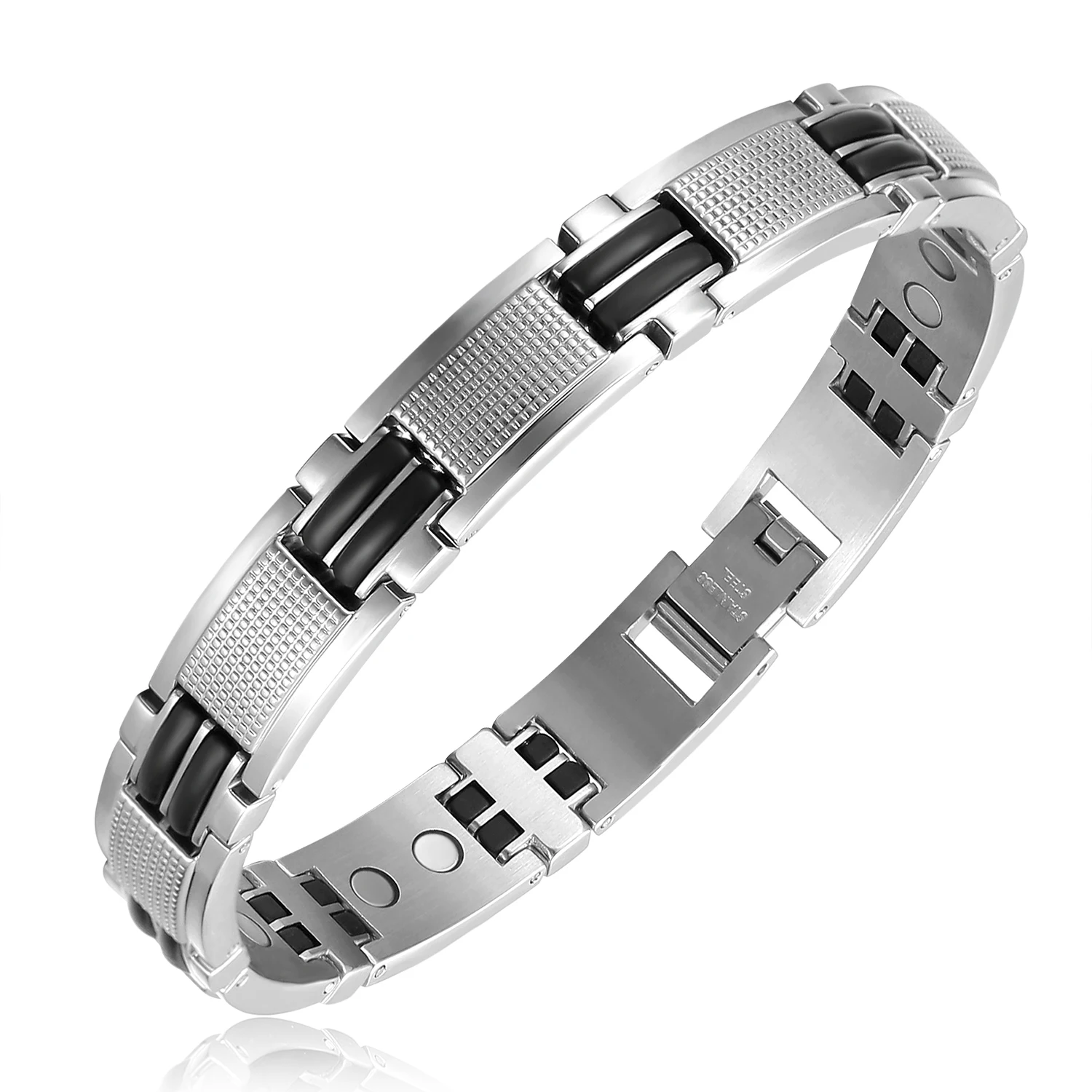 

Moocare Classic Simple and Elegant Silver Stainless Steel Inlaid Silicon Tape Stainless Steel Bioenergy Magnet Couple Bracelet