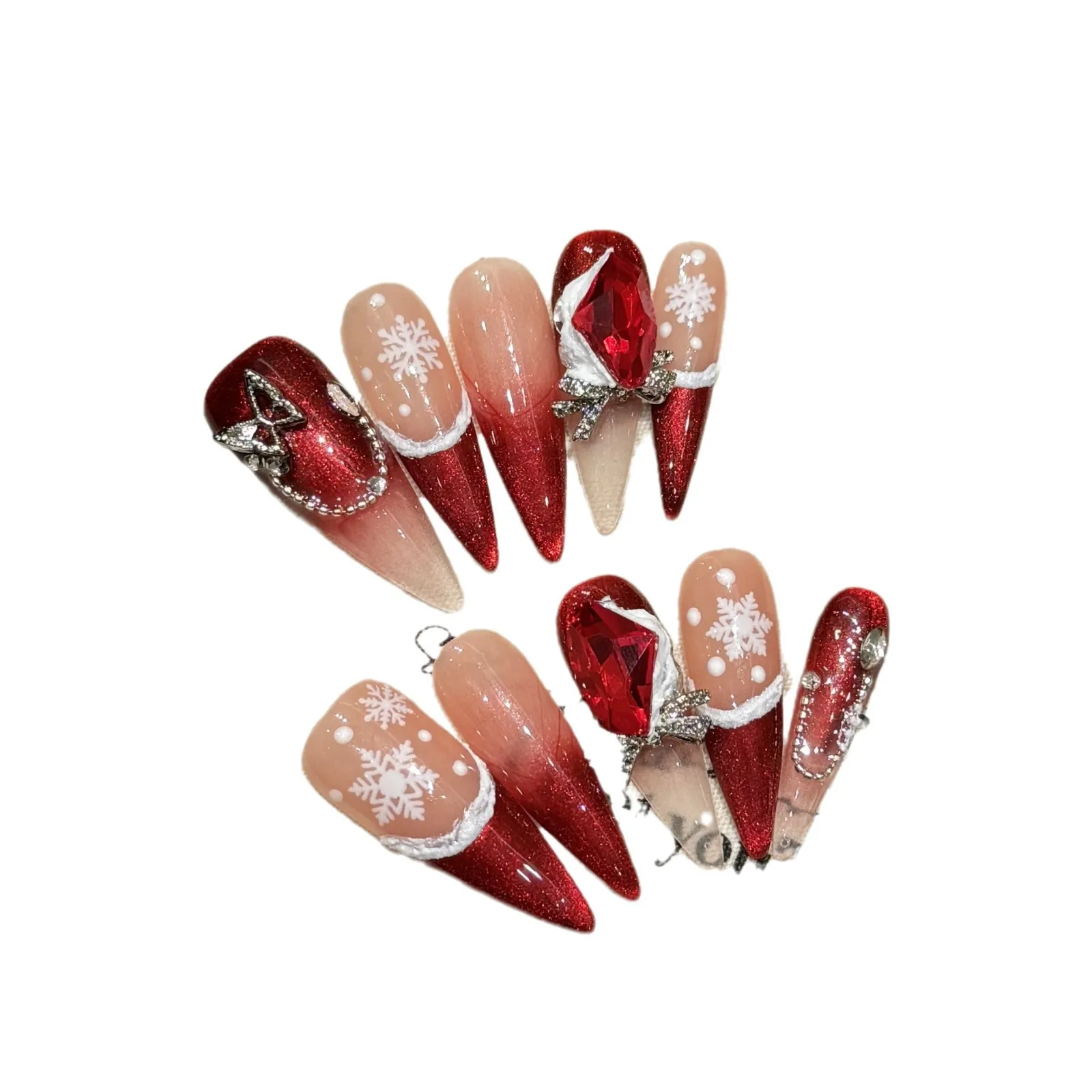 Stampa natalizia romantica fatta a mano sulle unghie Vino sfumato Occhio di gatto rosso Unghie finte francesi Dipinto a mano Fiocco di neve Unghie finte lunghe