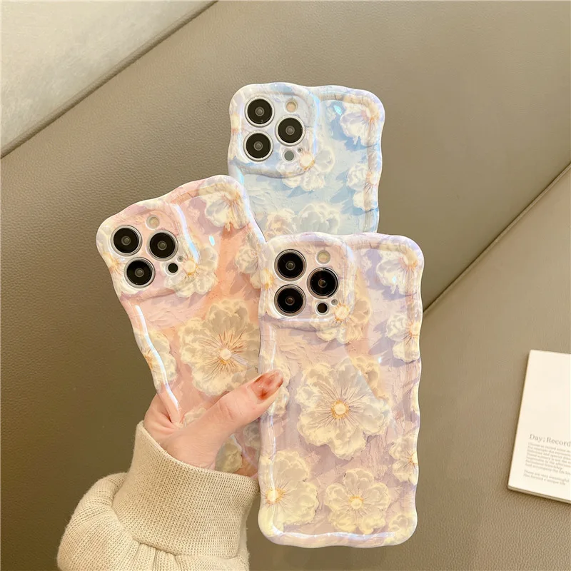 Ins Fresh Style Oil Painting Flower Blue Light Phone Case for IPhone 14 13 12 11 Pro Mini XS Max 8 7 Plus X Shockproof Cover