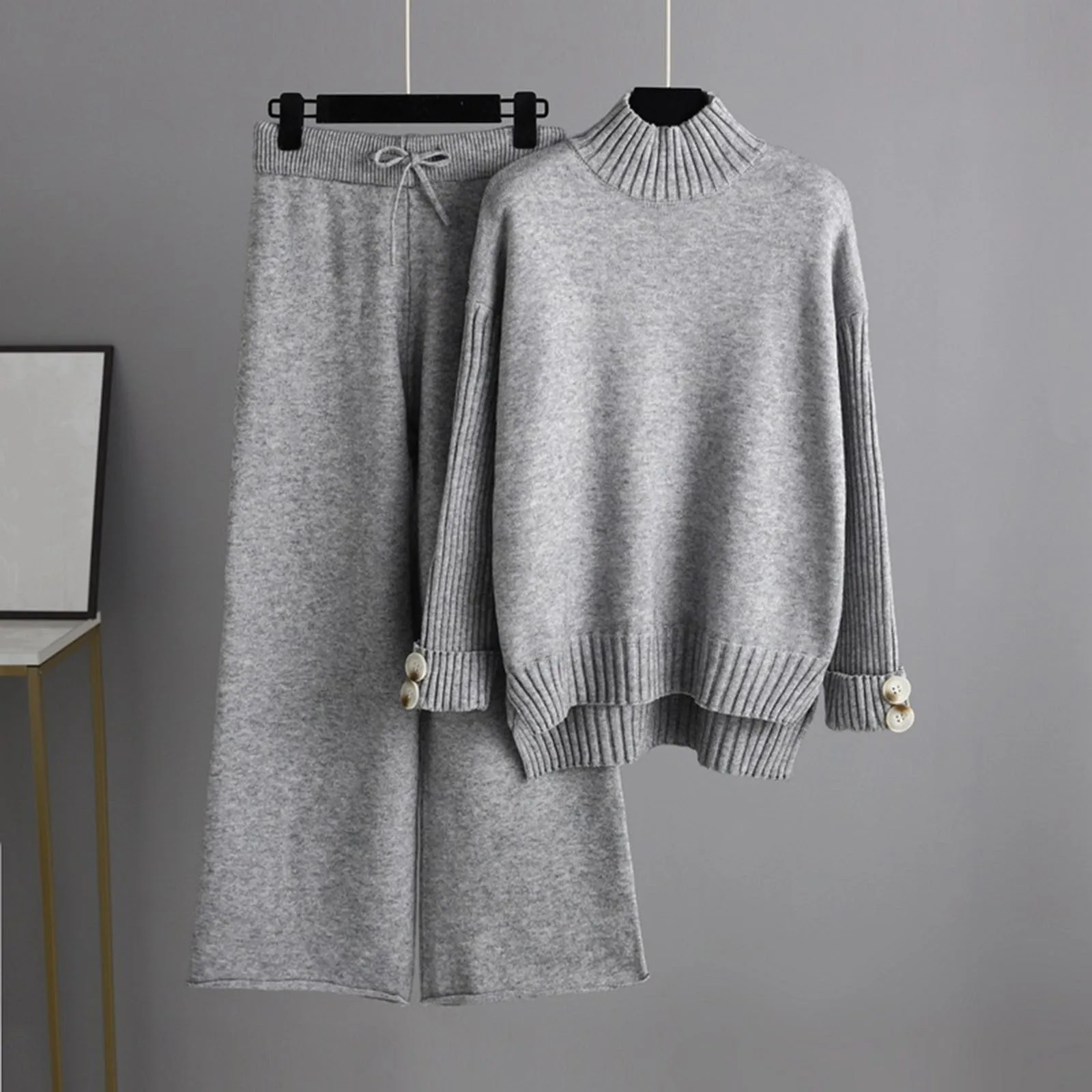 Winter Thick Knitted 2 Piece Sets Women Half Turtleneck Knitwears Sweater Pullover Tops High Waist Sweatpants Outfit Lady Suits