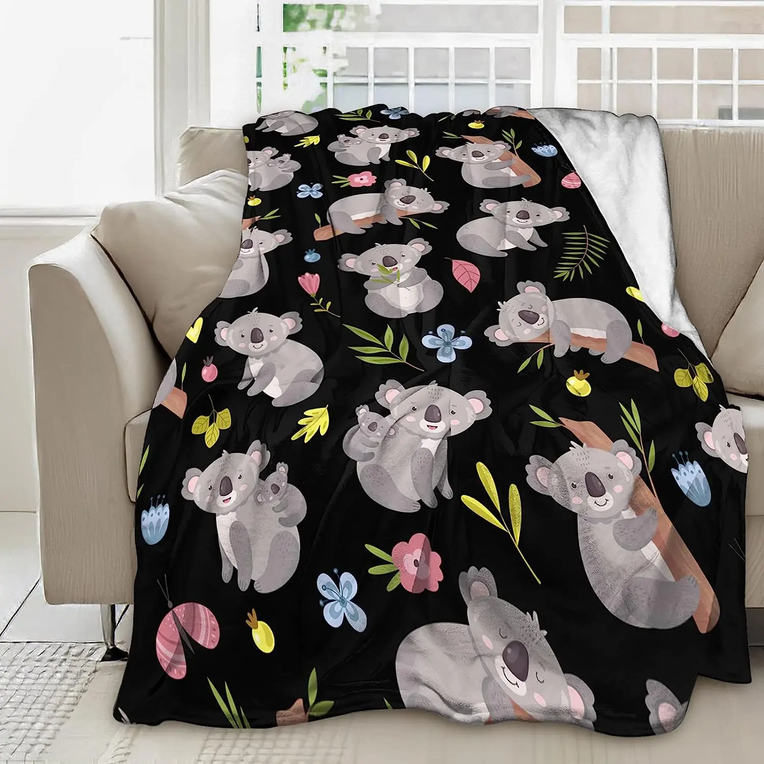 Cute Koala Blanket Gift for Girls Women, Cartoon Black Koala Throw Blanket for Kids Adults, Soft Lightweight Flannel