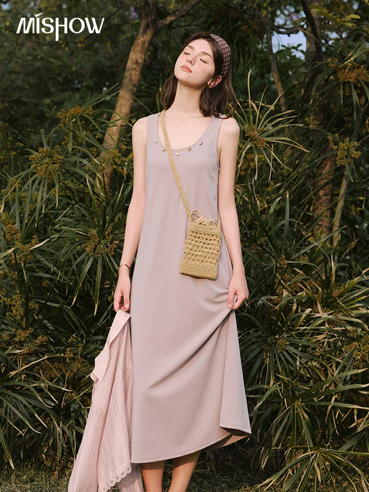 

MISHOW Holiday Summer Vest Dresses Women 2025 New Solid Sleeveless Round Neck Slimming Long Dress Female Fashion MXE33L2205