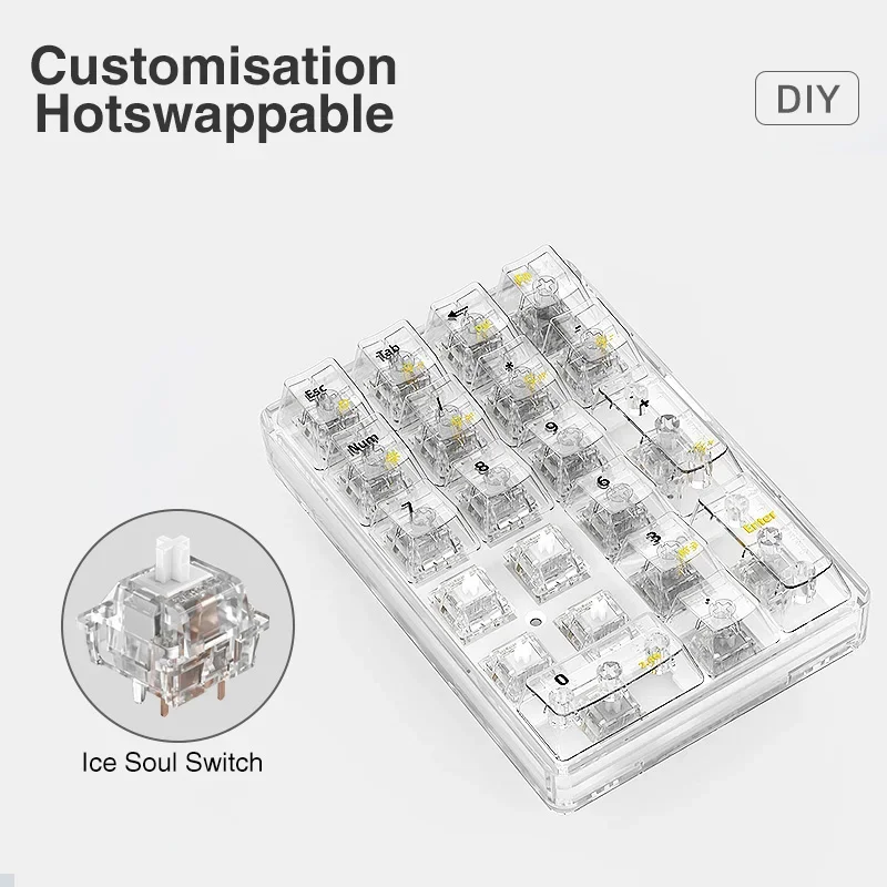 Imagem -06 - Loebog-teclado Mecânico sem Fio K21 Transparente Bluetooth Hot-swap 21 Chaves Personalização Numérica Teclado Numpad Presentes