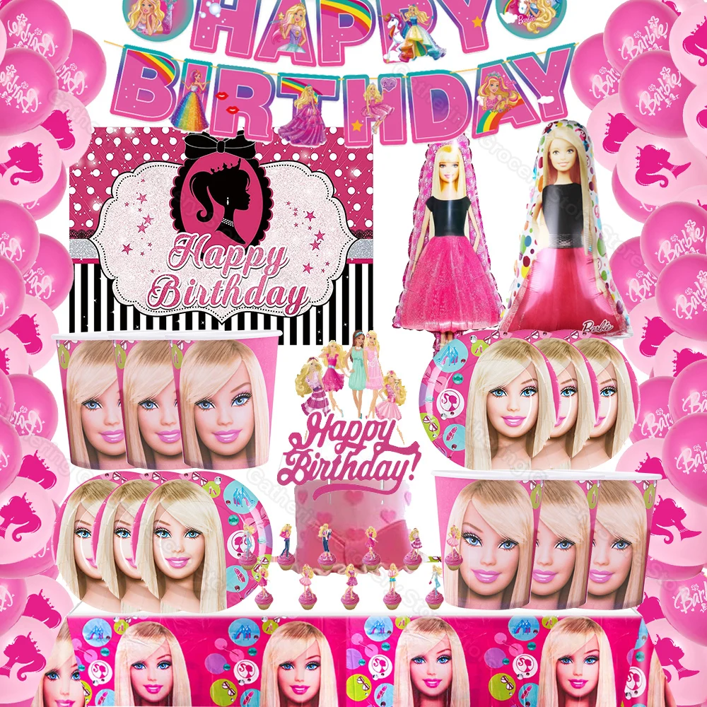 

Pink Barbie Party Decorations Birthday Princess Cosplay Party Supplies Tableware Plate Ballon Cup Holiday DIY Gifts Baby Shower