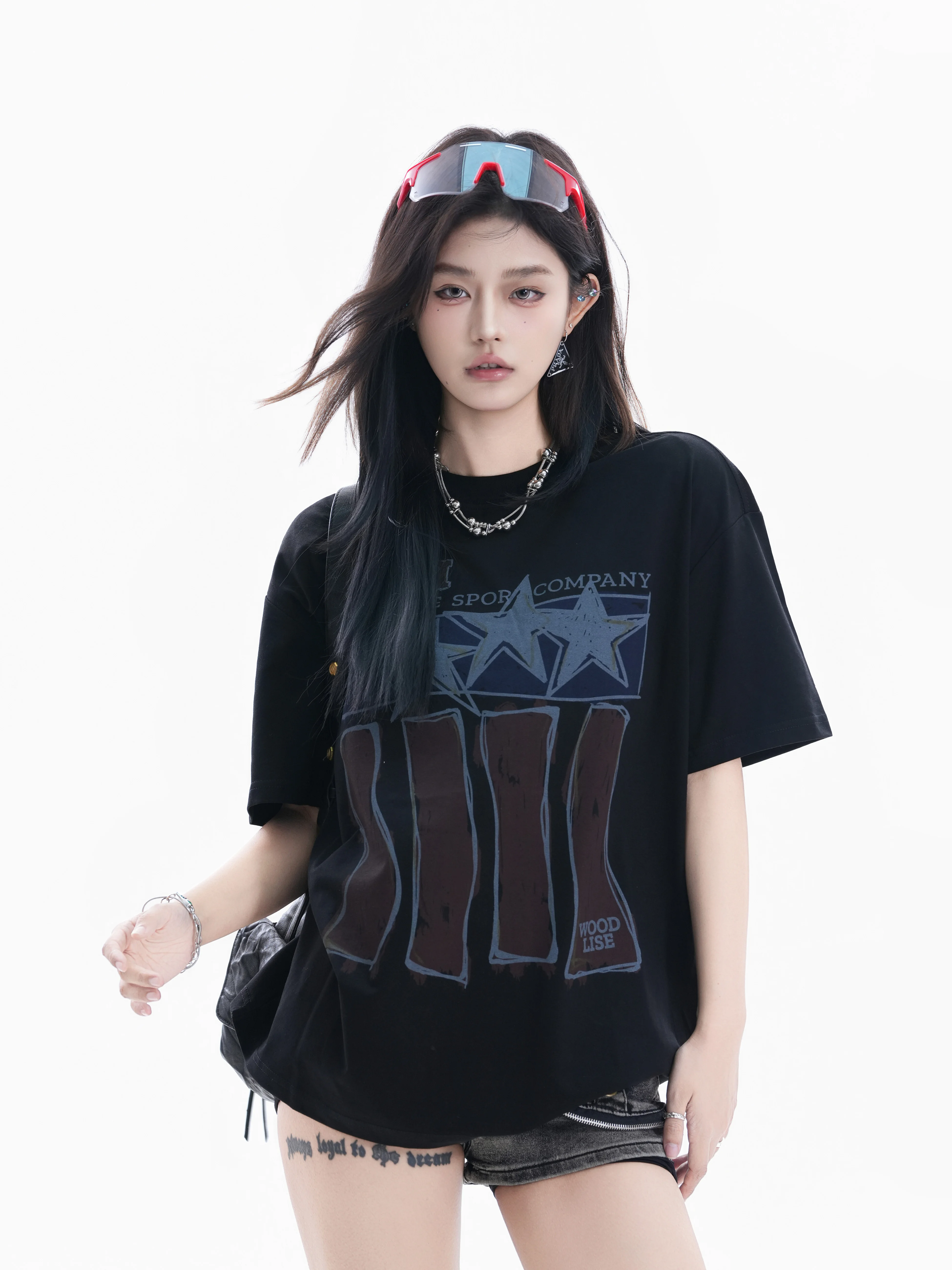 

Retro American Star Stripe Short Sleeve T-Shirt Women Loose High Street Trend Couple Tops Polyester Cotton Blend round Neck