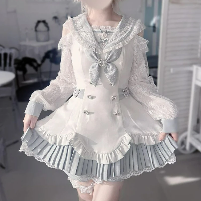 Jirai Kei Japanese Gothic Lolita 2 Piece Sets Women Harajuku Y2k Bow Sailor Collar Matching Dress Kawaii Daily Tea Party Outfits