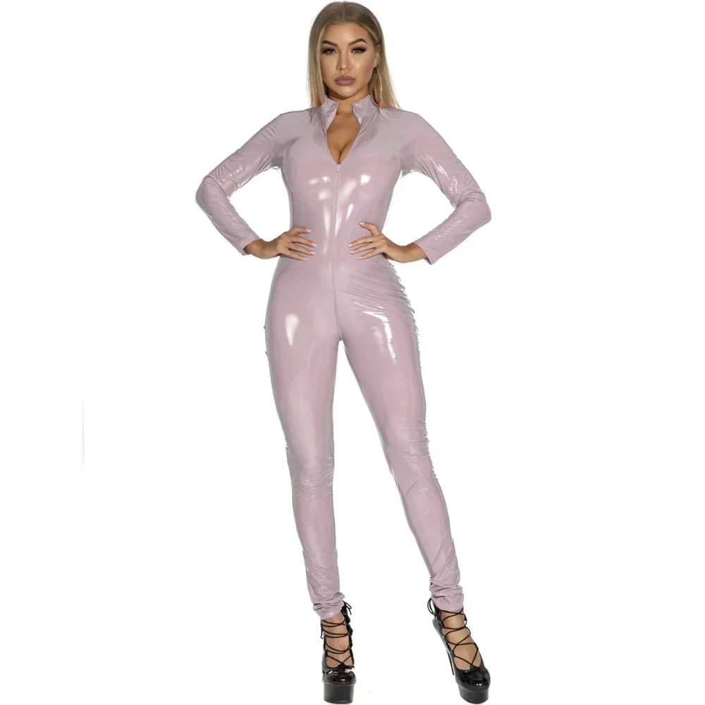 Sexy Hot Wet Look PVC Catsuit Glänzendes PU-Leder Langarm Zwei-Wege-Reißverschluss Offener Schritt Body Strumpfhosen Cosplay Verbunden 2024 Neu – Detail 2