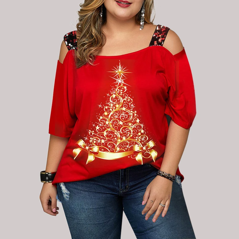 Women's Christmas Tree Print Top Off Shoulder Sequin Sling Blouse Ladies Casual Loose Short Sleeve Crew Neck T-Shirt