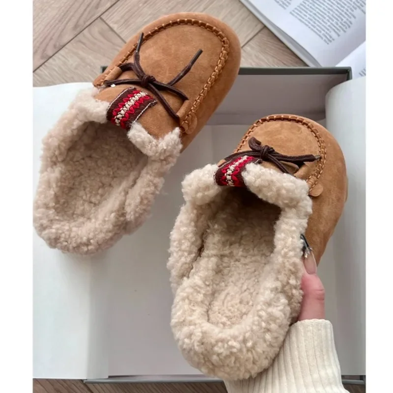 Bow Suede Platform Fur Slippers Women Flats Warm Mules Shoes Plush Cotton Flip Flops 2025 Winter New Casual Fashion Women Shoes