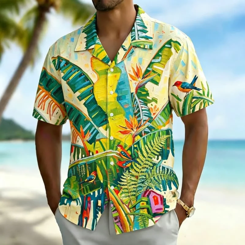 Men's Vibrant Jungle Print Hawaiian Shirt, Lively Vacation Style for Summer Events, Outdoor Trips, Relaxed Looks & Everyday Use