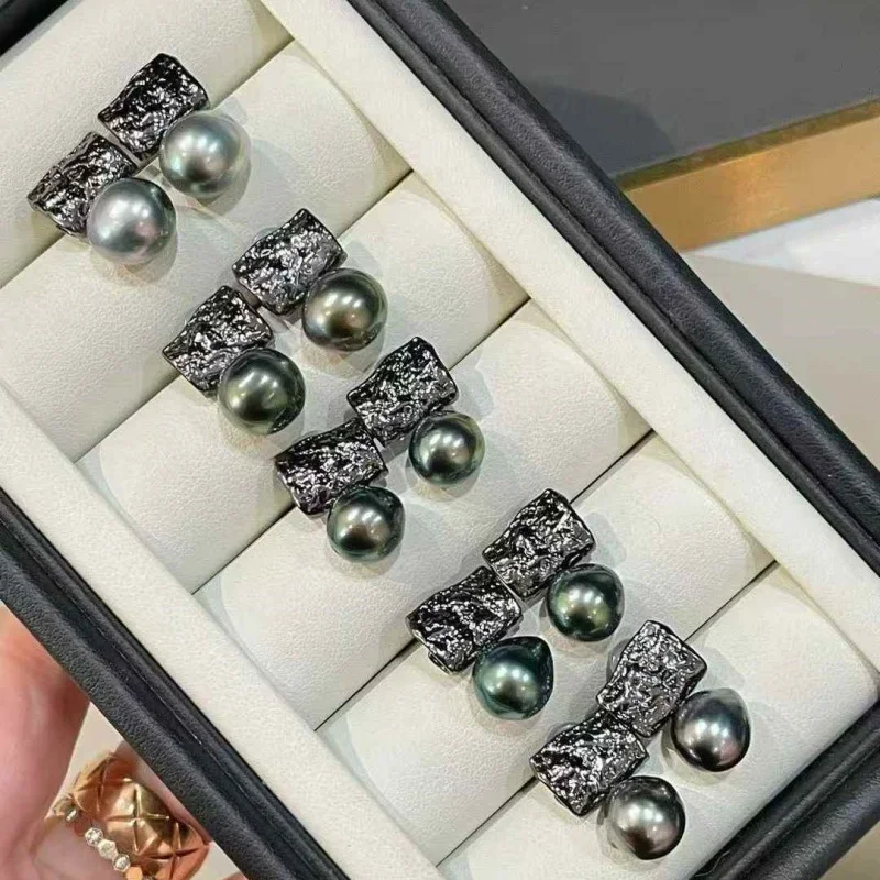 

SGARIT Black Earrings For Women Fine 925 Silver Plated Rhodium 9-10mm Natural Peacock Tahitian Pearl Earrings Jewelry