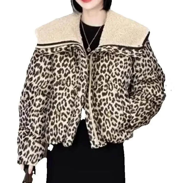 

90% Duck Down Jackets with Faux Fur Short Puffer Coats Vintage Leopard Plus Size Warm New National Standard 90 Autumn Winter