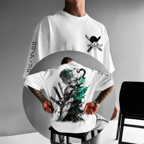 Lockere Passform, hochwertige Baumwolle, einteiliges Roronoa Zoro-T-Shirt vorne, Totenkopf hinten, grünes Haar, Charakter mit drei Schwertern, lässig