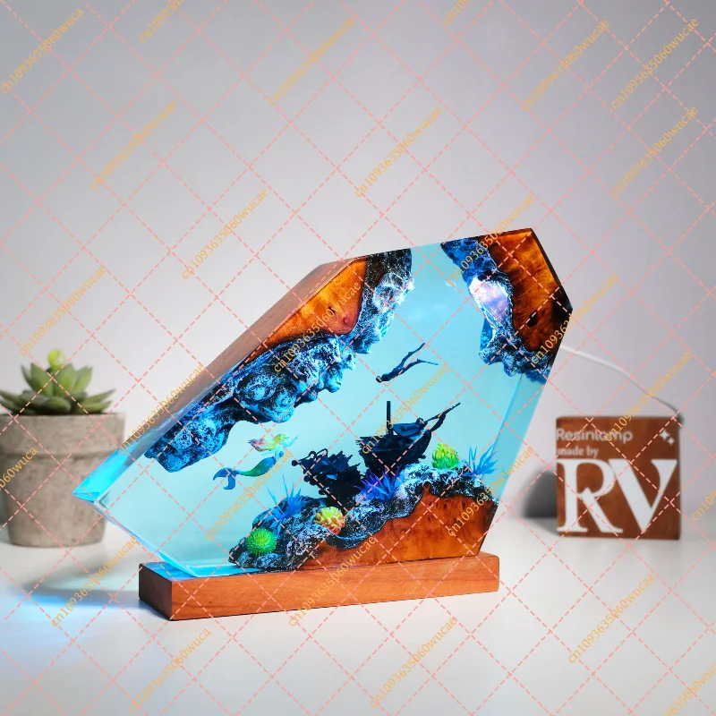Epoxy Resin Wood Night Light, LED Wooden Ornament for Home Decor, Bedroom Ambient Lighting