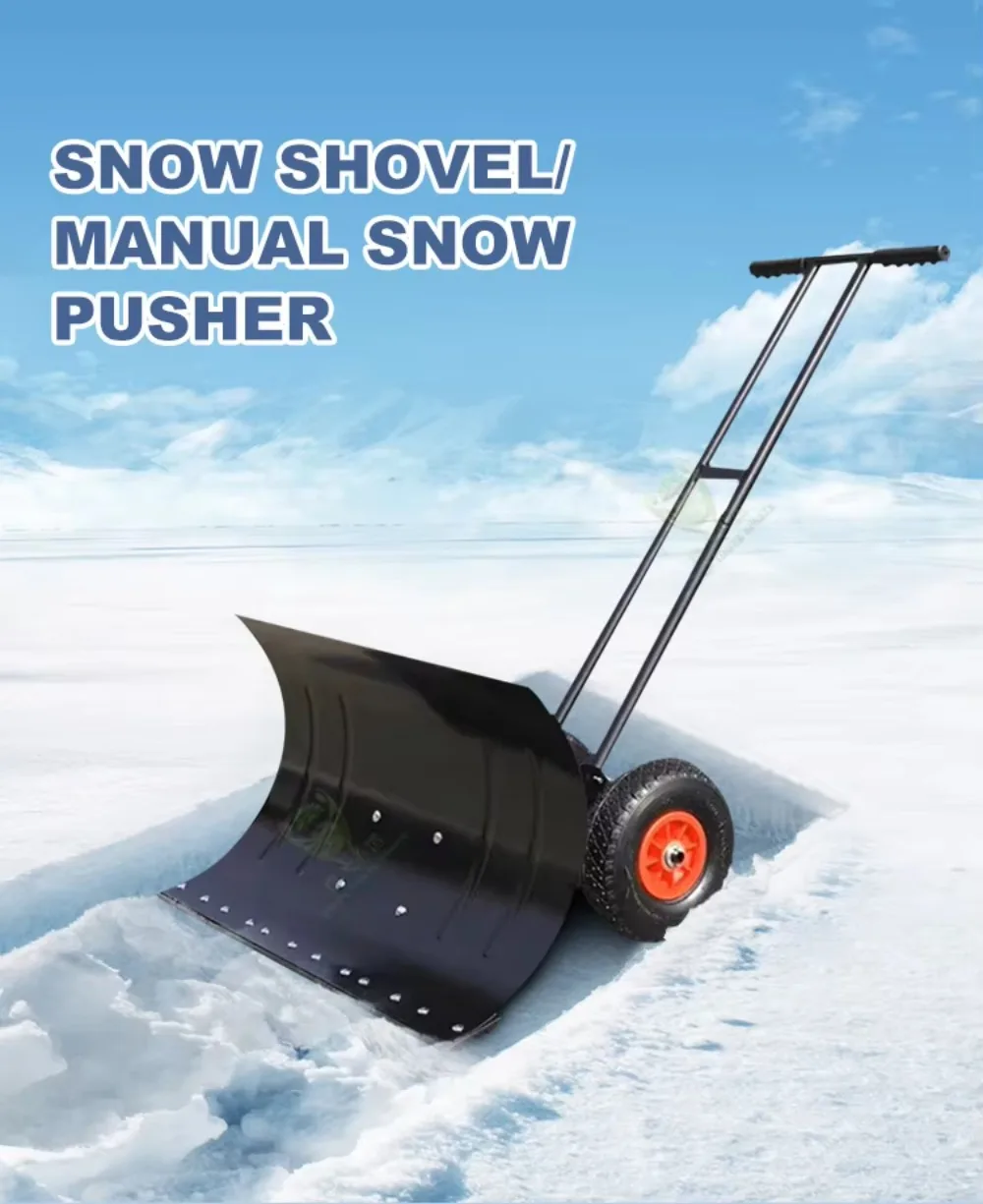 Brand New Hand Push Snow Shovel with Pneumatic Wheel Rolling Push Snow Shovel, Black Straight Double Rod 7 Gear Adjustment