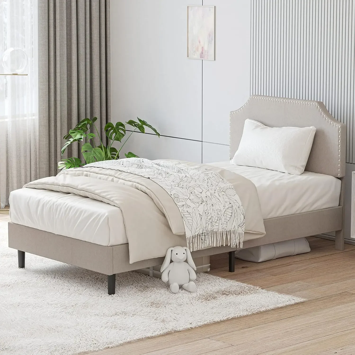 Upholstered Platform Twin Bed Frame with Nailhead Trim Headboard, Height Adjustable, No Box Spring Needed, Noise-Free, Beige