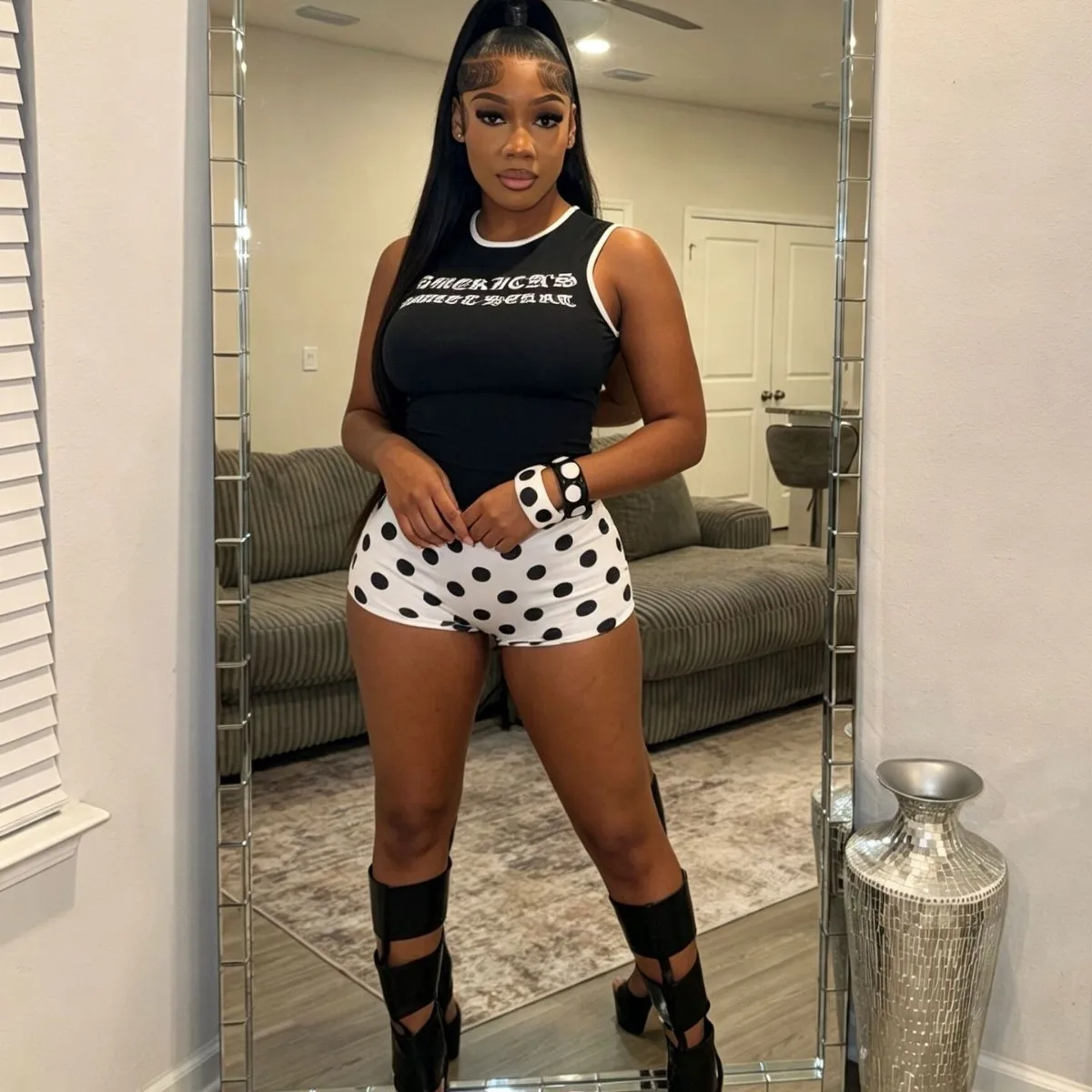 STYLISH LADY 2 Piece Outfit Gothic Letter Print Sleeveless Tank Top Polka Dot Biker Shorts Sexy Club Party Matching Short Set