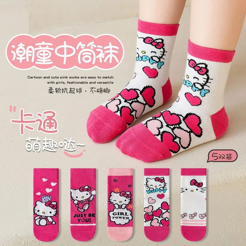 

5Pairs Lovely Hello Kitty Baby Girl mid-calf Socks Sanrio Kuromi My Melody Socks New Fall Cartoon Comfortable Children Socks