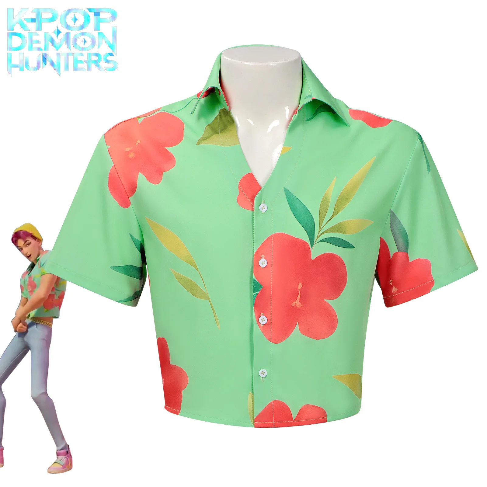 

ABBY Saja Boys Cosplay Kpop Demon Anime Suda Pop Stage Uniform Green Hawaiian Pattern Summer Shirt Korea Boy Group Cos Halloween