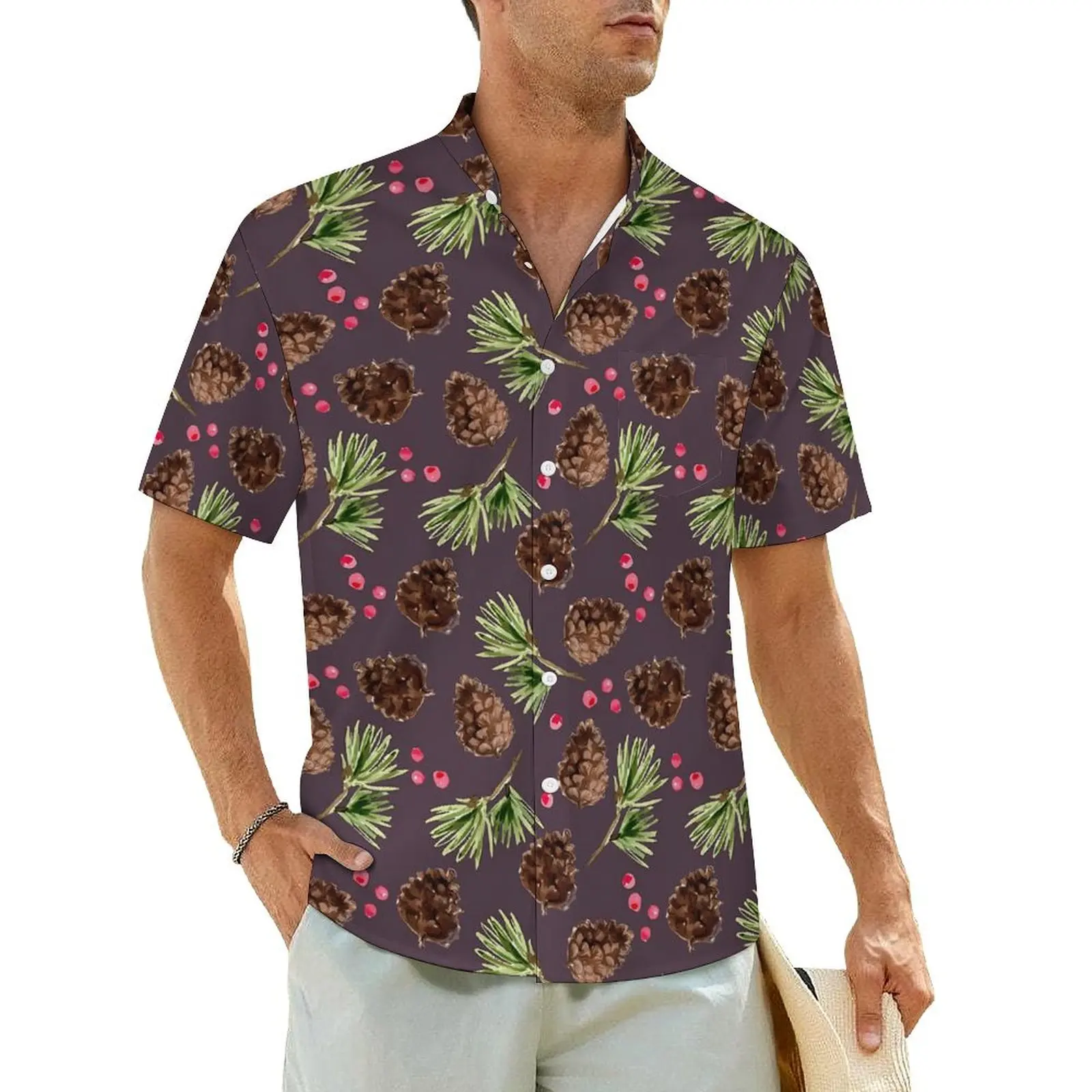 Pine Cones Print Beach Shirt Pine Branches Hawaiian Casual Shirts Male Retro Blouses Short Sleeves Comfortable Graphic Tops