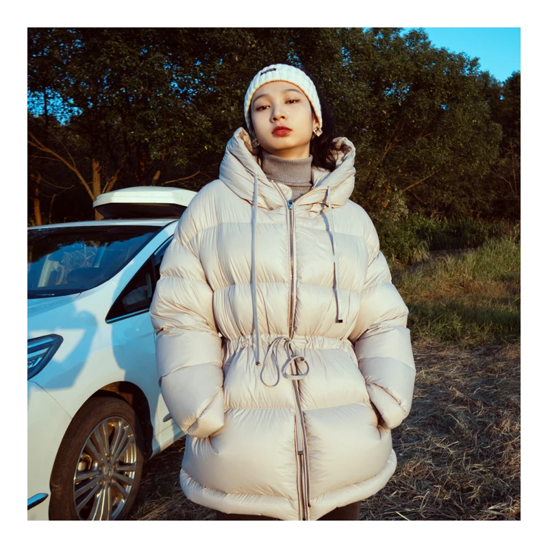 Hooded Women Down Jackets Solid Fluffy Thick Warm Female Down Coat Drawstring Belt Casual Commute Puffer Jacket