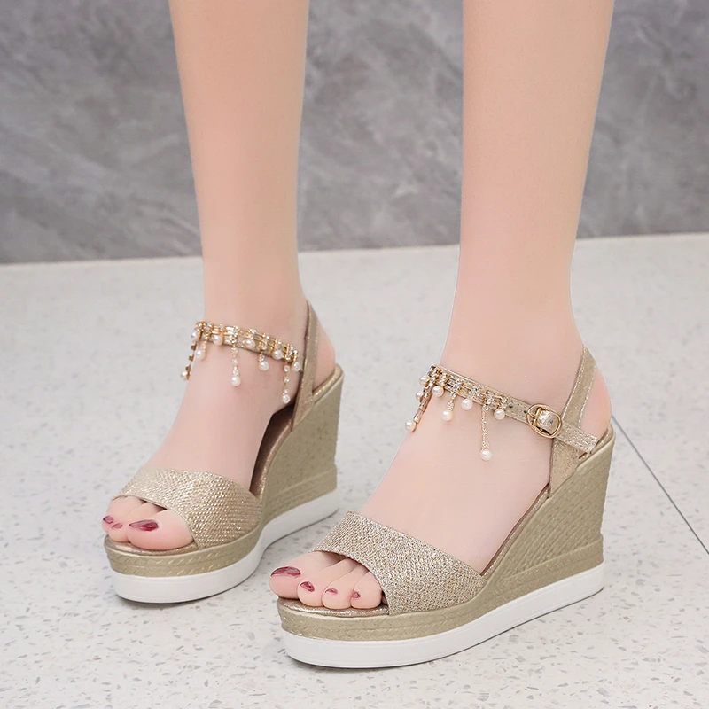 2024 New Women Wedge Sandals Summer Bead Studded Detail Platform Sandals Buckle Strap Peep Toe Thick Bottom Casual Shoes Ladies