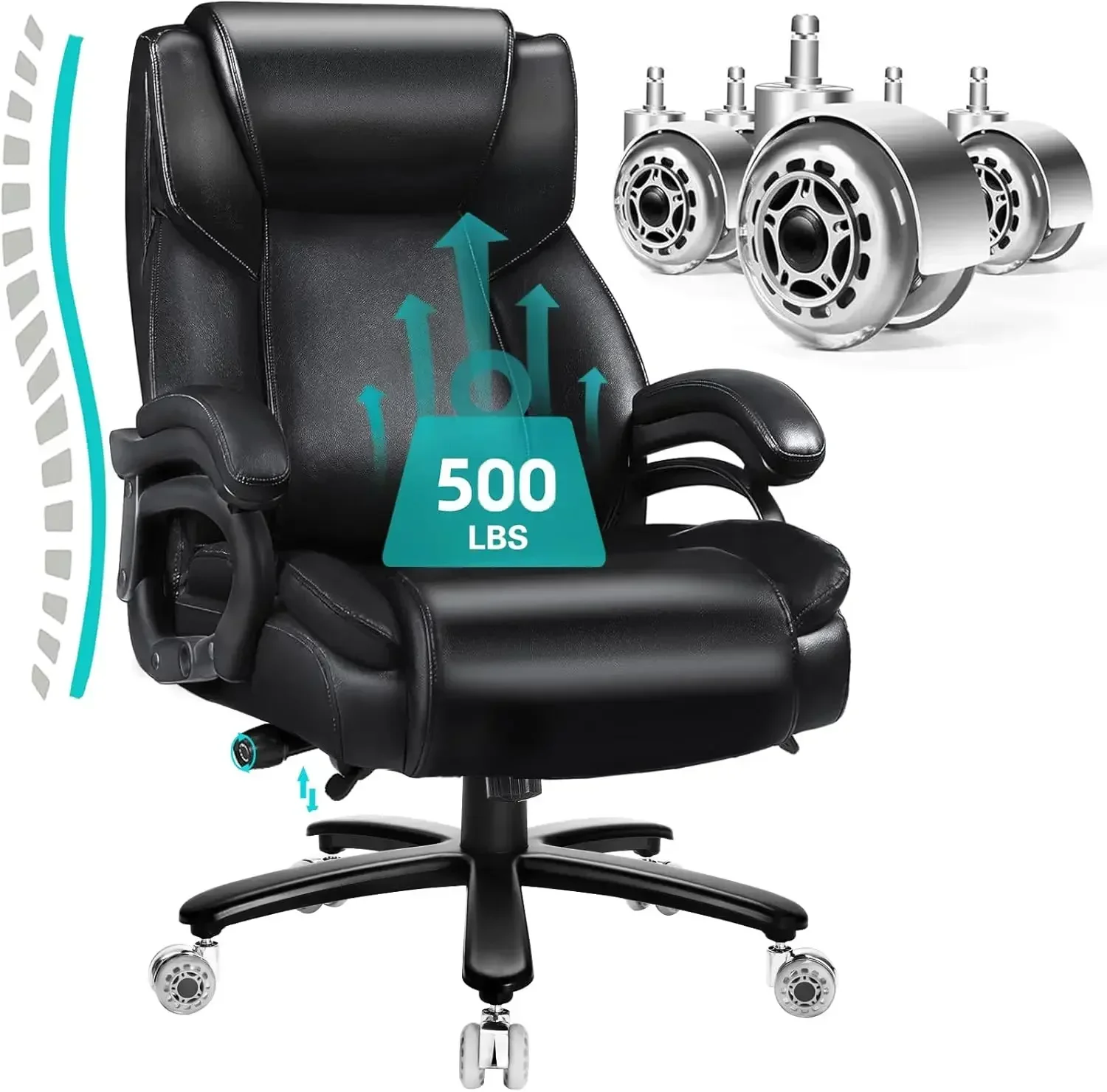 500lbs Heavy Duty Office Chair with Dual Rubber Wheels,Big and Tall Office Chair, Extra Wide Executive Chair (Dual Wheels Black)