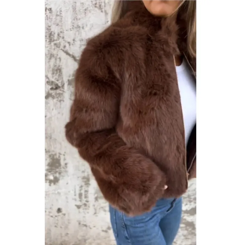 Fluffy Fake Fur Coat Women Zipper Jacket For Stand Collar Chic Velvet Winter Coat High Street Short Fur Jacket Cool Girl Jacke