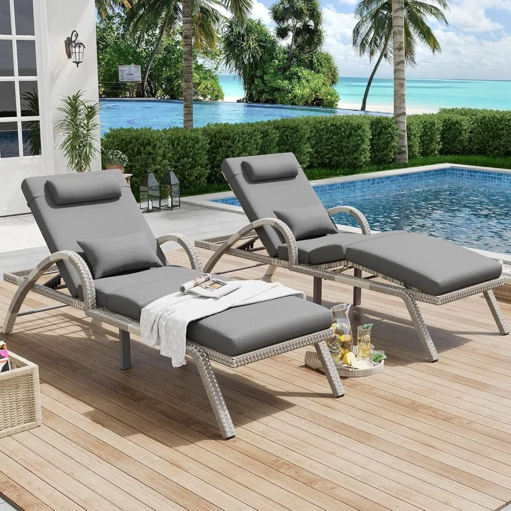 

Outdoor Lounge Chairs Set of 2, Patio Chaise Loungers with Adjustable 5 Position & Leg Support, PE Rattan Chaise Lounge, Wicker
