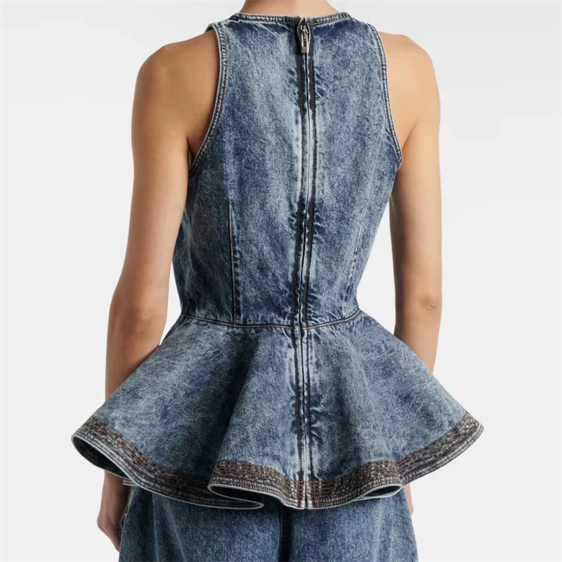 Women's vest New spring 2026 ruffled slim fit sleeveless top Retro washed round neck tank top 100% pure cotton denim vest y2k
