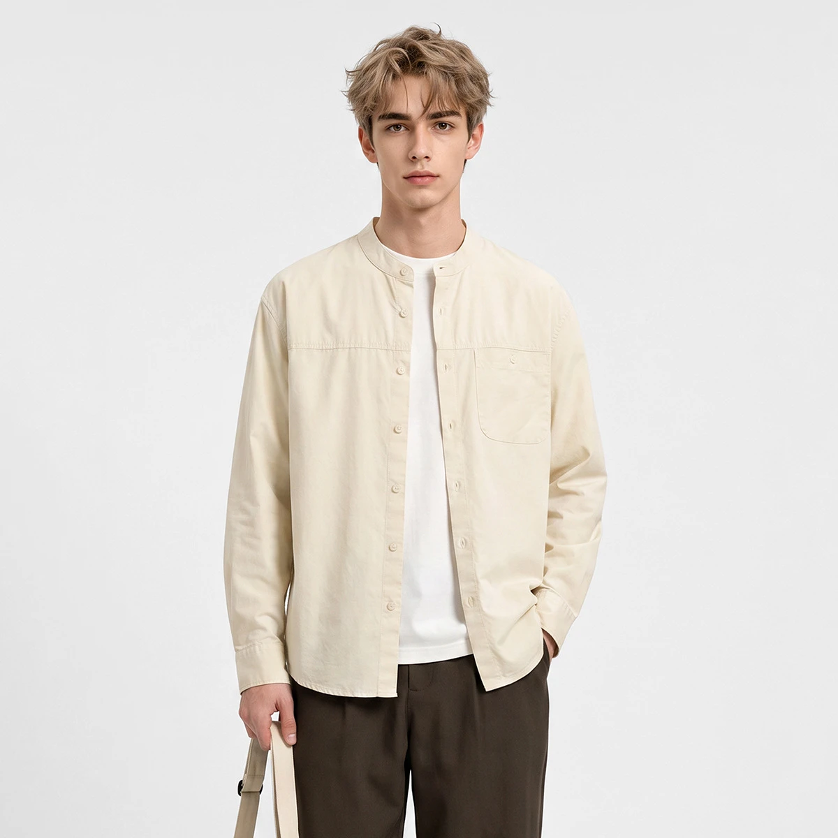 Autumn Vintage Commuter Shirt for Men Loose-Fit Casual Stand-Collar Shirts Solid Color Single-Breasted Top