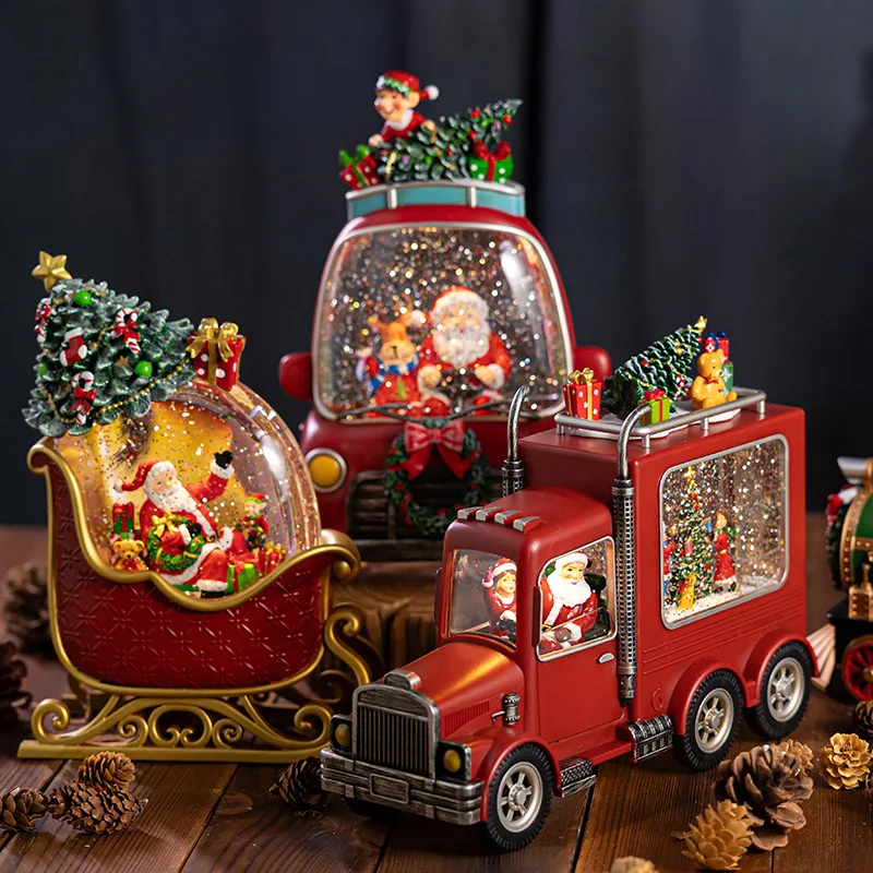 Christmas music box crystal ball old man scene snow car children music box train little boy gift