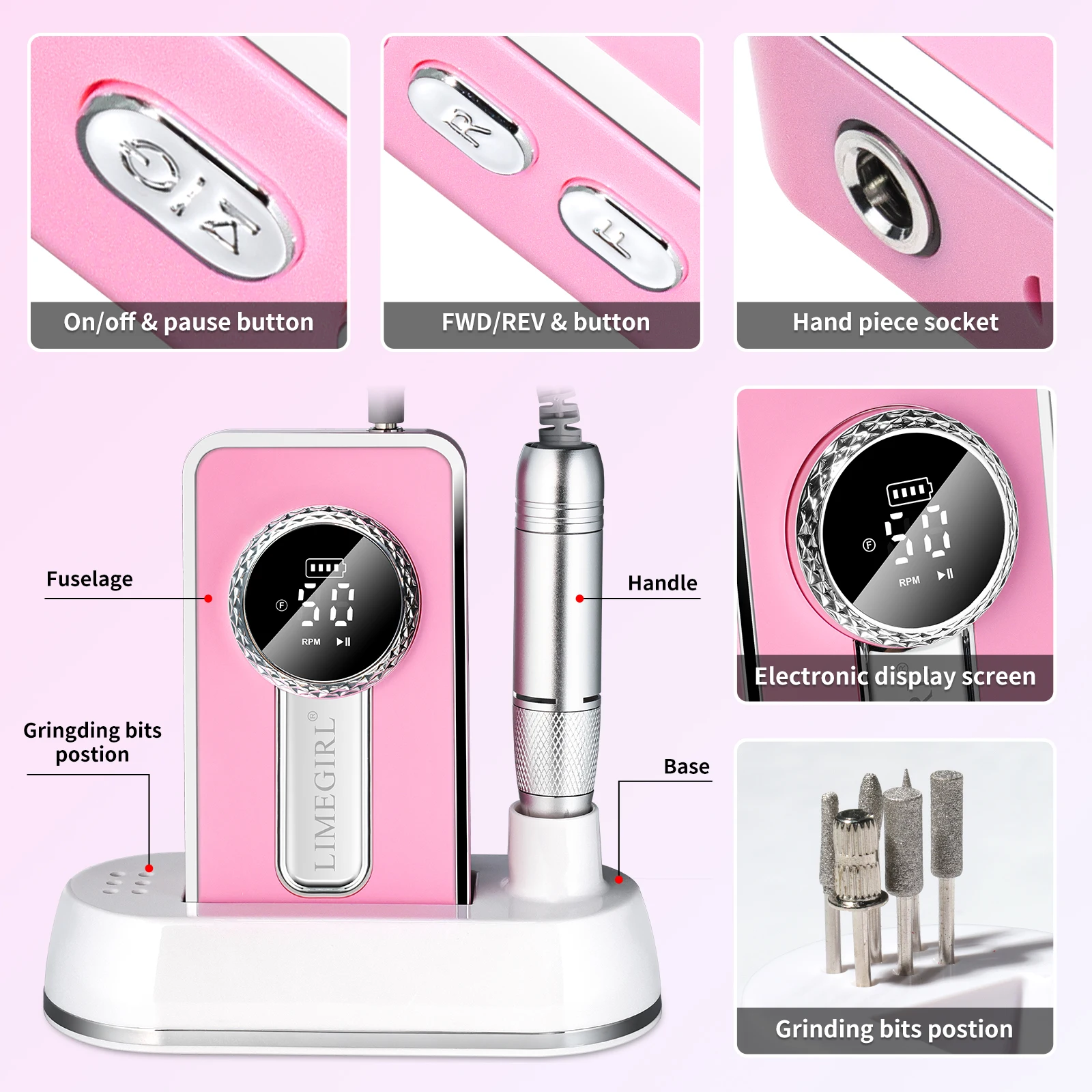 เครื่องตะไบเล็บ LIMEGIRL 45000 รอบต่อนาที แบบมืออาชีพ ไร้สาย เสียงเบา เครื่องขัดเล็บไฟฟ้า ชุดตะไบสำหรับทำเล็บมือ สำหรับร้านทำเล็บ