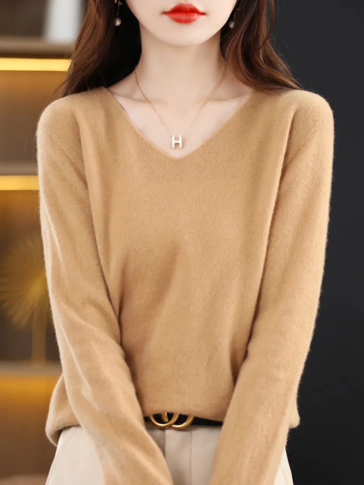 2024 Autumn Winter Women 100% Merino Wool Sweater Casual Basics V-Neck Knitted Pullover Solid Soft Cashmere Clothing Tops