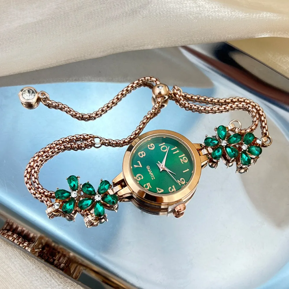 أزياء زهرة حجر الراين الساعات حزام قابل للتعديل بسيط ساعات المعصم سوار كوارتز ساعة المرأة