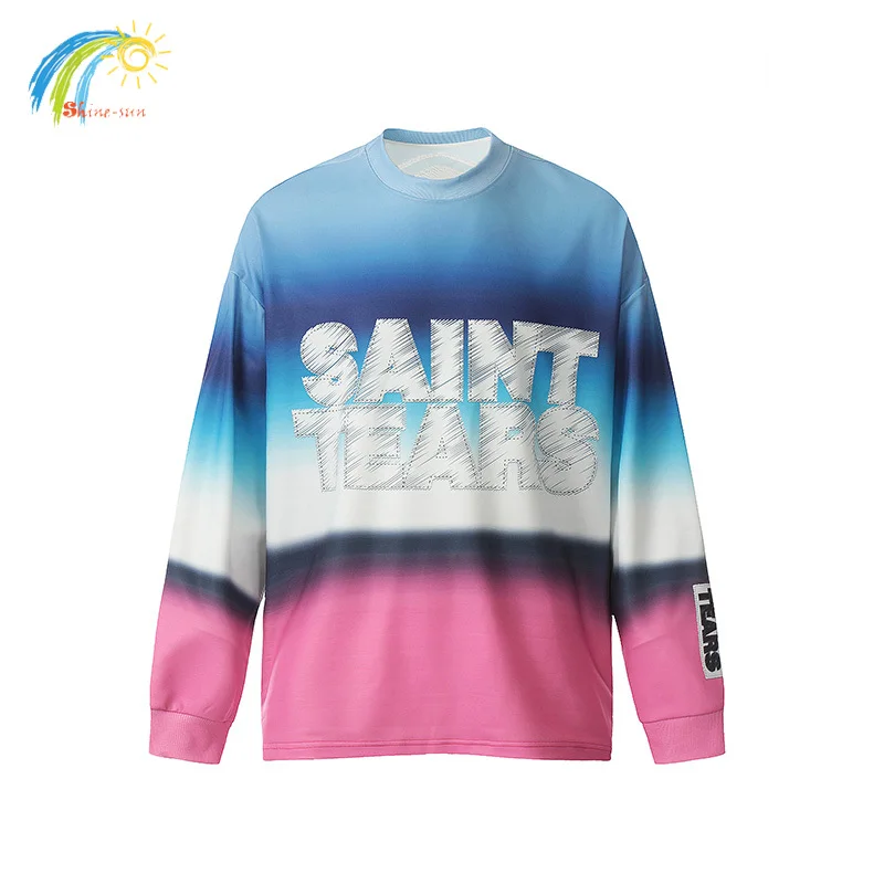 

High Street Color Blocking Tie-Dyed Saint Tears Long Sleeved T-Shirt Heavy Fabric Cotton Tops Oversized T Shirt For Men Women